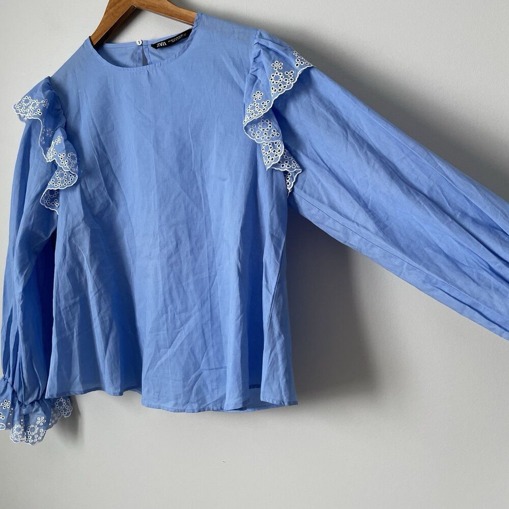 Zara Cotton Blouse Eyelit Ruffle Embroidered Details Long Sleeve Women's XS - Picture 7 of 11
